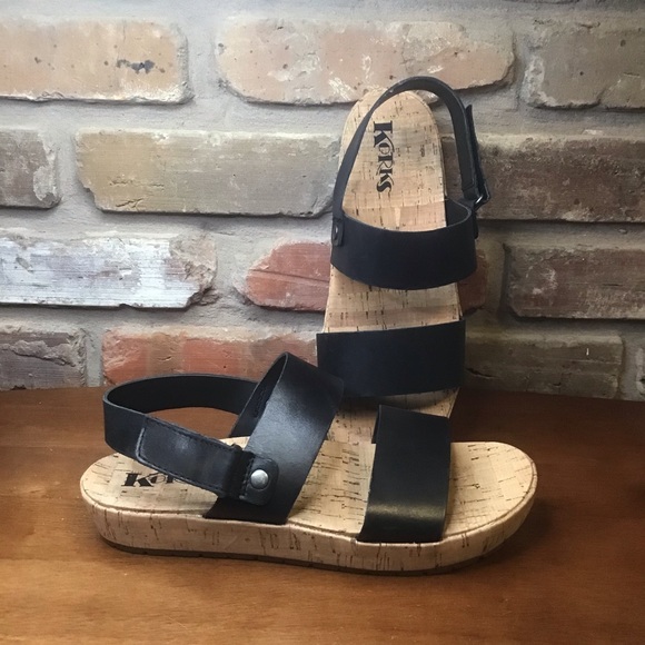 KorkEase Shoes Korks Womans Black Leather Dual Strap Cork Platform